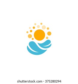 Isolated vector summer logo. Sunny day illustration.  Sea or ocean image. Marine surface. Nature image. Traveling icon. Sunbathe symbol. Spring. Swimming sign. Wavy water. Warm weather. Kids picture.