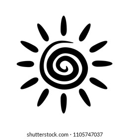 Isolated vector sun. Abstract spiral with rays. Black element for design