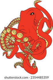 Isolated Vector Swimming Red Octopus Illustration