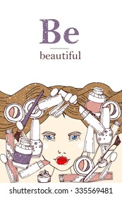 Isolated vector symbols of cosmetics around the beautiful girl