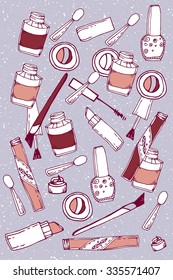 Isolated vector symbols of cosmetics, nail polish, lipstick, eye shadow, mascara and accessories