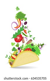 Isolated vector taco with shadow on transparent background. Falling vegetables in a flat cake