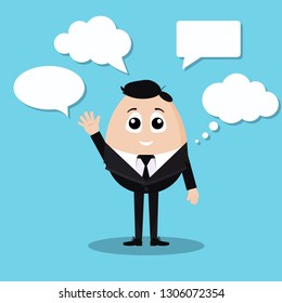 Isolated vector of talking businessman in official black suit with white shirt and tie in egg shape with four speech bubbles on blue background. Easter character illustration in cartoon flat style.