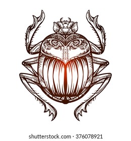 Isolated vector tattoo image black Scarab beetleon a  white background. Carabaeus sacer. The ancient spiritual symbol of Egypt, God Khepri