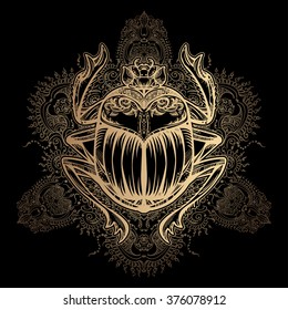 Isolated vector tattoo image golden Scarab beetleon a black background. Carabaeus sacer. The ancient spiritual symbol of Egypt, God Khepri