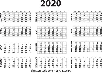 Isolated vector template or mockup design of Calendar 2020 where dates in cells with note