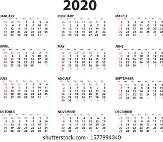 Isolated vector template or mockup design of Calendar 2020 clear cells of dates. Sunday is a start of week.