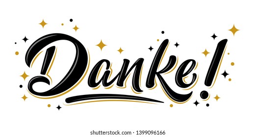 Isolated vector thank you lettering with golden stars. Handwritten modern brush lettering Danke on white. Text in german for postcard, invitation, T-shirt print design, banner, motivation poster, icon