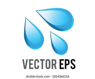 The isolated vector three light blue droplets emoji icon, as sweat beads, splashing down to right
