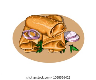 Isolated vector of three spring rolls with circles of red onion and leaves of parsley