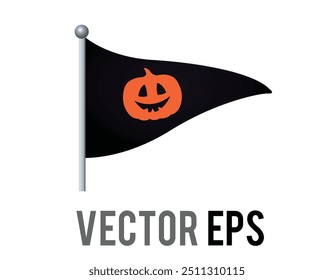 O vetor isolado ícone de bandeira triangular preta com rosto de abóbora de Halloween e polo de prata.