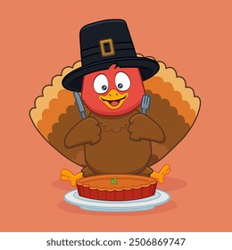 Isolierte Vektor der Türkei Vogel essen Kürbis Kuchen. Alles Gute zum Thanksgiving-Tag. Grußpostkarte, Banner, Poster.