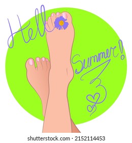 Isolated vector typographic label Hello summer, hand drawn. Women's legs with a flower and a lilac inscription with stylized hearts on the background of a green circle.
