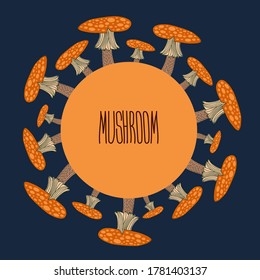 Isolated vector vignette of autumn forest mushrooms with circle on dark background. The design is perfectly suitable for textiles, stickers, badges, packages