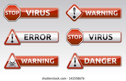 Isolated vector virus error, warning icon, sign collection with reflection and shadow on white background for your text