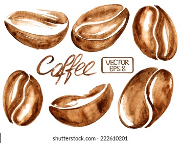 Isolated Vector Watercolor Coffee Beans Icons