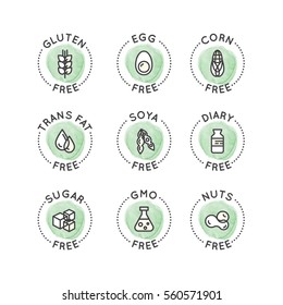 Isolated Vector Watercolor Logo Set Badge Ingredient Warning Label Icons. Allergens Gluten, Lactose, Soy, Corn, Diary, Milk, Sugar, Trans Fat. Vegetarian and Organic symbols. Food Intolerance