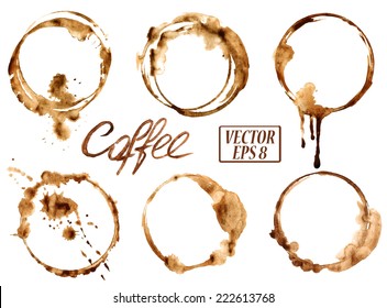 Isolated vector watercolor spilled coffee stains icons 