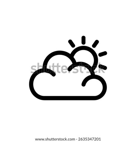 Isolated vector weather icon with a black outline depicting the sun partially hidden behind a cloud on a transparent background. Simple and minimalist design.