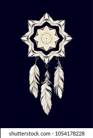 Isolated vector white-golden dream catcher with feathers on dark background