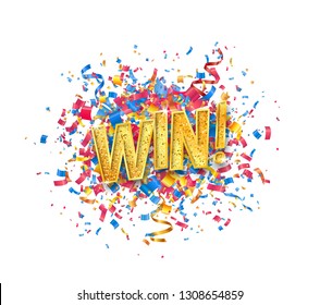 Isolated vector Win golden word and colorful confetti on white background. EPS 10