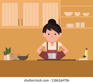 Isolated vector. Woman standing by the stove in the kitchen, cooking. Chef cook.