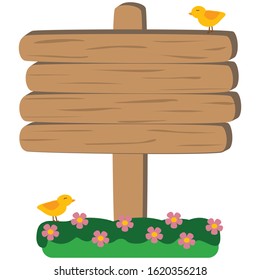 Isolated vector wooden signboard with bird and flower on white background, illustration
