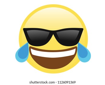 The isolated vector yellow laughing face with black sunglasses flat icon on white blackground
