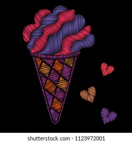 Isolated vectorembroidery ice cream  illustration in patch style. Colorful design for embroidery, sticker or pin.