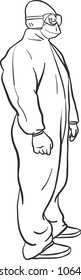isolated and vectorized cartoon character in black and white for coloring carries radioactive protective suit and safety glasses