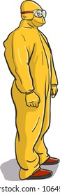 Isolated and vectorized cartoon character in yellow radioactive protective suit and safety glasses
