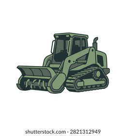 An isolated vector-style illustration of a heavy-duty green forestry mulcher vehicle designed for land clearing, forest maintenance, and site preparation work.