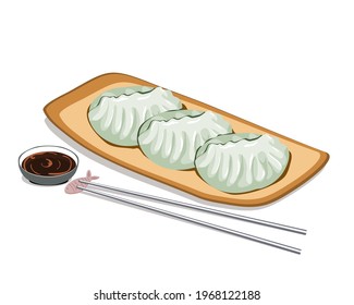 Isolated vegetable steamed dumplings with sauce and chopsticks on white background. Close up hand drawing Asian food vector illustration.