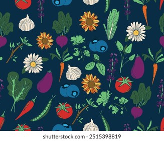 Isolated vegetables illustration set blue background wallpaper poster seamless pattern repeat print textile fabric vector artwork