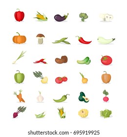Isolated vegetables set on white background. All kinds of vegetables as tomato, cucumber and pumpkin.