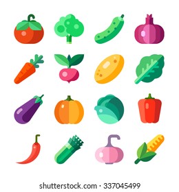 Isolated vegetables set: tomato, broccoli, cucumber, onion, carrot, radish, melon, squash, salad, eggplant, cabbage, pepper, chili, corn, pumpkin, garlic, spinach. Flat vector illustration set. 