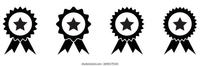 Iconos planos verificados aislados de la insignia fijados en el fondo blanco. Iconos de medalla certificados simples modernos establecidos en la página blanca. Icono de insignia de verificación completa de calidad. EPS 10.  