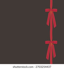 Isolated vertical seamless border of classic red ribbon garland with bows and gold trim on dark background. Elegant, traditional, and festive for design elements.