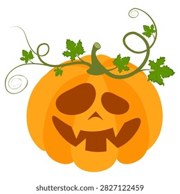 Isolated vibrant orange Halloween jack o' lantern with a friendly carved face and leafy vines.