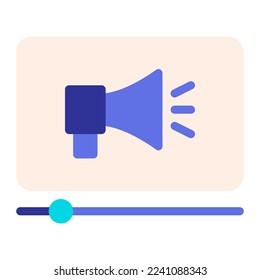 Isolated video advertising in blue flat icon on white background. Advertisement, promotion, marketing, bullhorn, megaphone