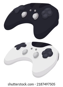 Isolated video game controllers: both with joysticks, buttons and D-pad, but one in white and the other in black color.