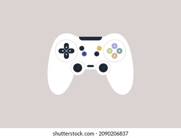 An isolated video game joystick with colorful buttons and control elements