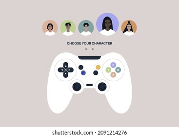 An isolated video game joystick with colorful buttons and control elements, choose your character screen