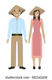 Isolated vietnamese couple on white background. Man and woman in traditional clothes.