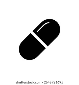 An isolated view presents a solid black capsule, defined by a precise split at its center, embodying medication simply and clinically on a transparent background.