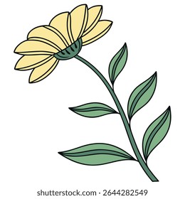 Isolated view of a simple pale yellow daisy with a dark green stem and leaves. The minimalistic outline botanical drawing has a transparent background.