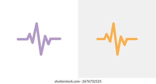 Vista aislada de dos iconos de pulso gráficos abstractos, uno en púrpura sobre un fondo blanco, el otro en naranja sobre un fondo gris, presentado uno al lado del otro.
