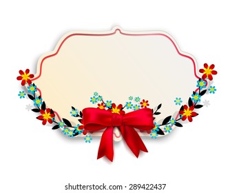 Isolated vintage banner decorated with a floral frame with a bow and red blue flowers. Vector illustration