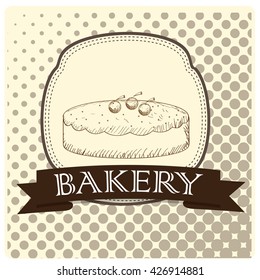 Isolated vintage banner with a ribbon with text and a sketch of a cake