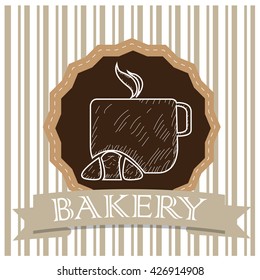 Isolated vintage banner with a ribbon with text and a sketch of a coffee mug and a croissant